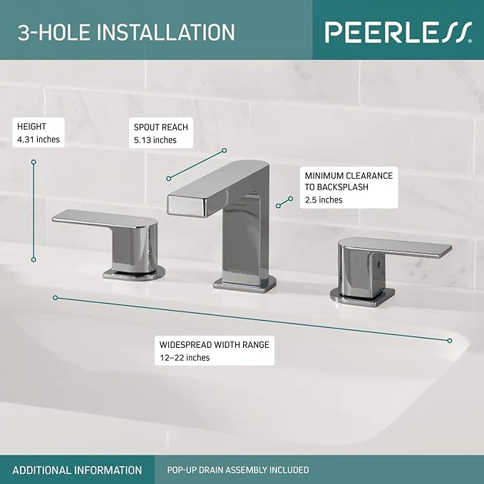 Peerless Xander Widespread Bathroom Faucet Chrome, Bathroom Faucet 3 Hole, Bathroom Sink Faucet, Drain Assembly, Chrome P3519LF - Image 2